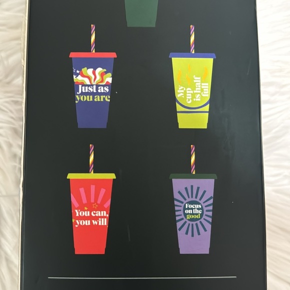 NEW IN BOX. STARBUCKS 5 REUSABLE MULTICOLOR CUPS, LIDS&STRAWS. POSITIVE SAYINGS - Picture 4 of 8